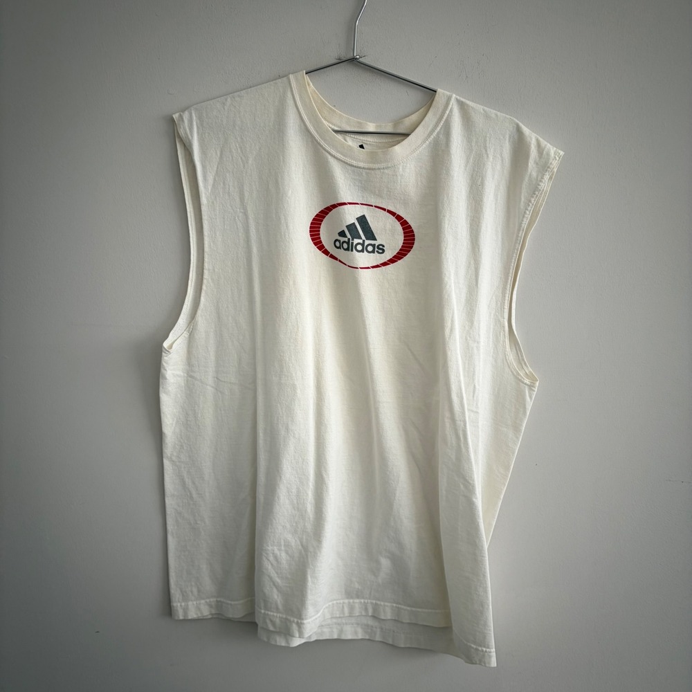 Adidas Mens Sleeveless Muscle T-Shirt Cream Off White Graphic Logo Size Large